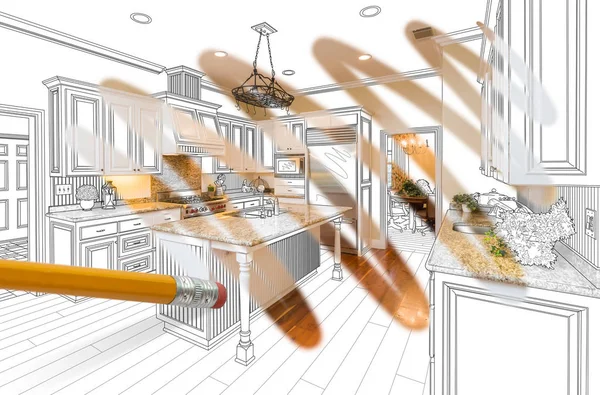 Bleistift Radiert Zeichnung Fertige Benutzerdefinierte Küche Design Foto Offenbaren — Stockfoto