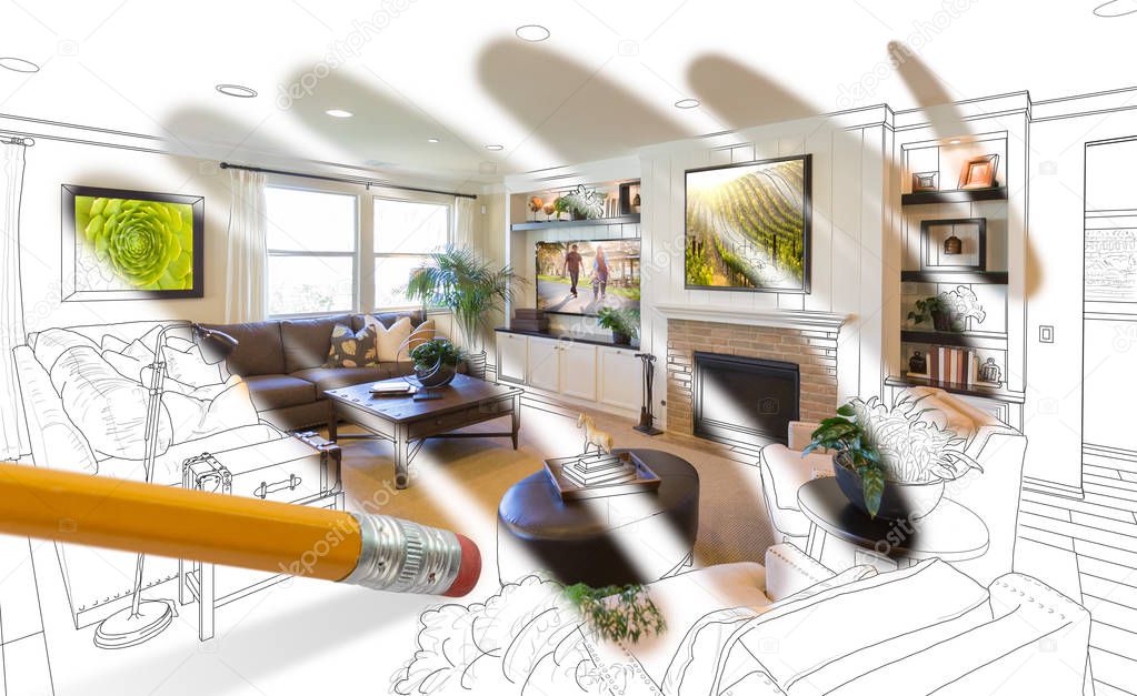 Pencil Erasing Drawing To Reveal Finished Custom Living Room Design Photograph 
