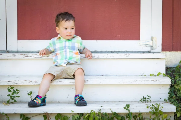 Young Mixed Race Chinese Caucasian Boy Relaxing Steps — Stock Photo, Image