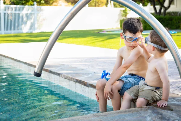 Young Mixed Race Chinese Caucasian Brothers Wearing Swimming Goggles Playing — Stock Photo, Image