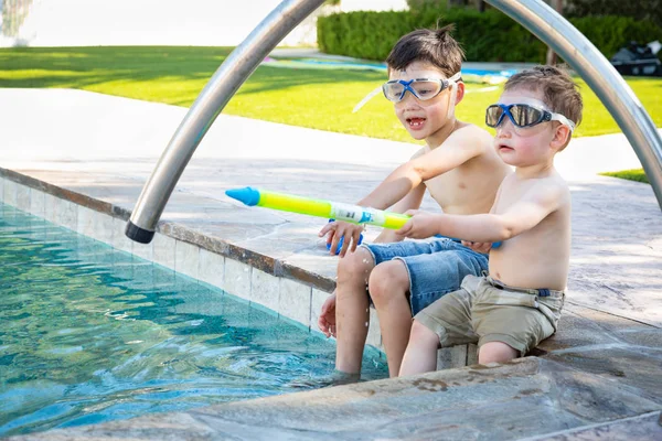 Young Mixed Race Chinese Caucasian Brothers Wearing Swimming Goggles Playing — Stock Photo, Image