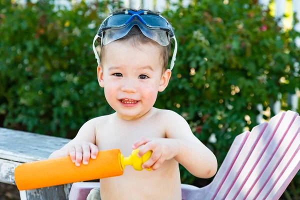 Happy Playful Young Mixed Race Chinese Caucasian Boy Wearing Swimming — Stock Photo, Image