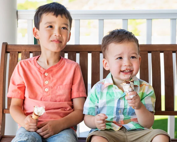 Young Mixed Race Chinese Caucasian Brothers Enjoying Ice Cream Cones — Stock Photo, Image