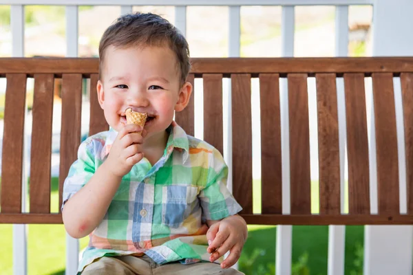 Young Mixed Race Chinese Caucasian Boy Enjoying His Ice Cream — Stock Photo, Image