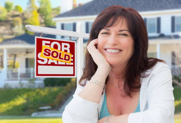 Middle Aged Woman Front House Sold Sale Real Estate Sign Royalty Free Stock Photos