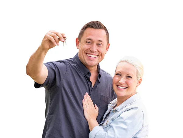 Young Adult Couple Holding New House Keys Isolated White Background — Stock Photo, Image