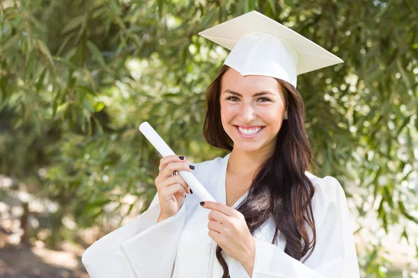 Attractive Mixed Race Girl Celebrating Graduation Cap Gown Diploma Hand — Stock Photo, Image