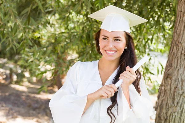 Attractive Mixed Race Girl Celebrating Graduation Cap Gown Diploma Hand — Stock Photo, Image