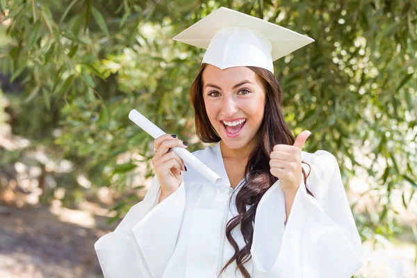 Attraktive Mischlingshündin Feiert Ihren Abschluss Draußen Mütze Und Kleid Mit — Stockfoto