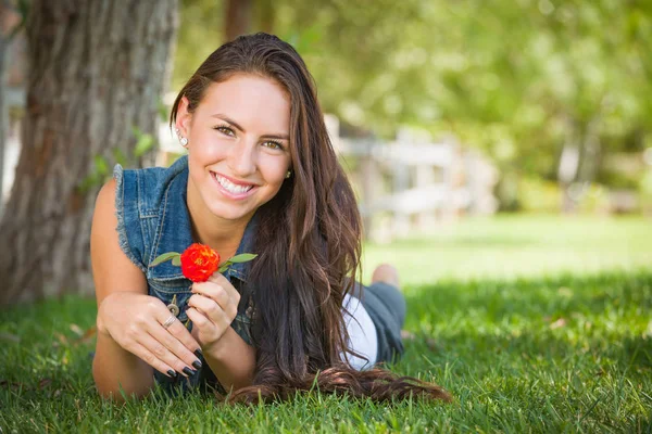 Attractive Mixed Race Girl Portrait Laying Grass Outdoors Flower — Stock Photo, Image