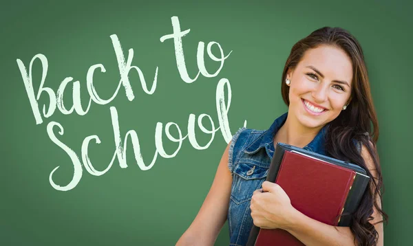 Back School Written Chalk Board Mixed Race Young Girl Student — Stock Photo, Image