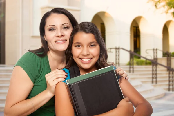 Proud Hispanic Mother Daughter Campus School — Stock Photo, Image