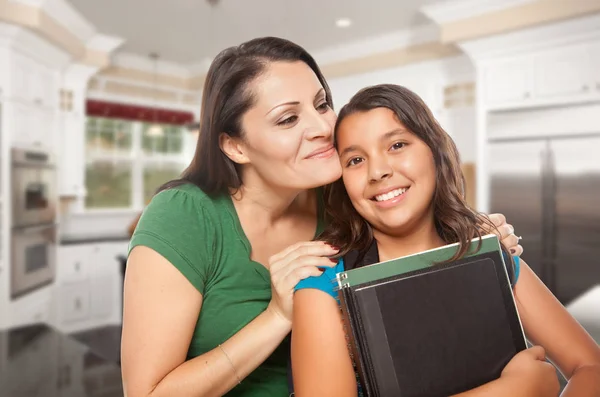 Trotse Hispanic Moeder Dochter Keuken Huis Klaar Voor School — Stockfoto