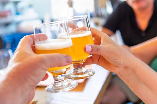 朋友们用小酒杯在酒吧里烤啤酒 — 图库照片