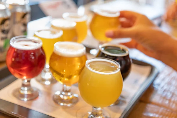 Vrouwelijke Hand Oppakken Van Glas Micro Brouwen Bier Uit Verscheidenheid — Stockfoto