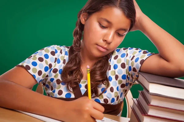 Hispanic Girl Student Pencil Books Studying Chalk Board — Stock Photo, Image
