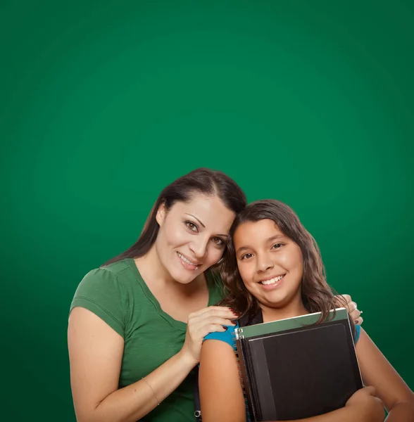 Blank Chalk Board Proud Hispanic Mother Daughter Student — Stock Photo, Image