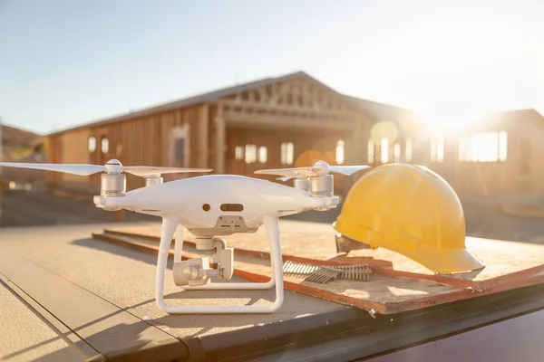 Drone Quadcopter Next Hard Hat Helmet Construction Site — Stock Photo, Image