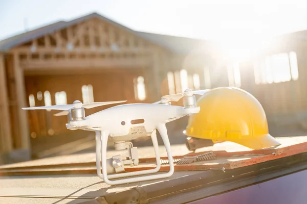 Drone Quadcopter Next Hard Hat Helmet Construction Site — Stock Photo, Image