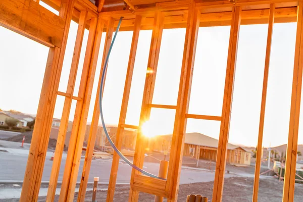 Vista Del Atardecer Desde Interior Nuevo Sitio Construcción Viviendas — Foto de Stock