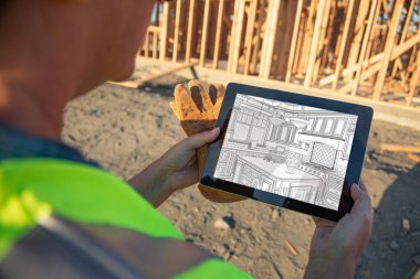 Kadın inşaatı alt mutfak çizim bilgisayar defterinde inşaatı sitesinde gözden geçirme.