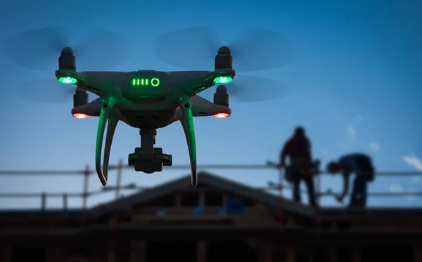 Silhouet Van Onbemande Vliegtuigen Uav Systeem Quadcopter Drone Lucht Bouwplaats — Stockfoto