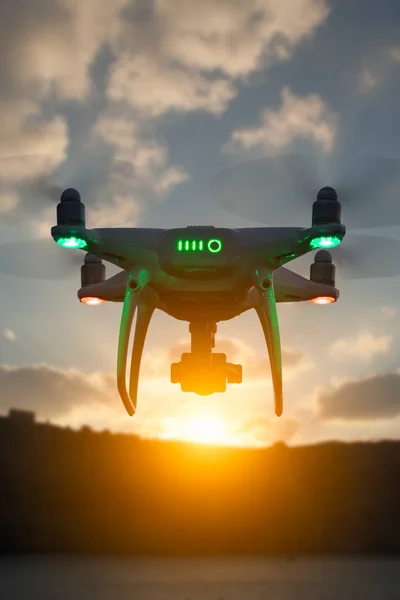 Silhuetten Obemannade Luftfartyg Uav System Quadcopter Drone Luften Sunrise — Stockfoto