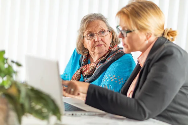 Kobieta Pomaga Senior Dla Dorosłych Pani Laptopa — Zdjęcie stockowe