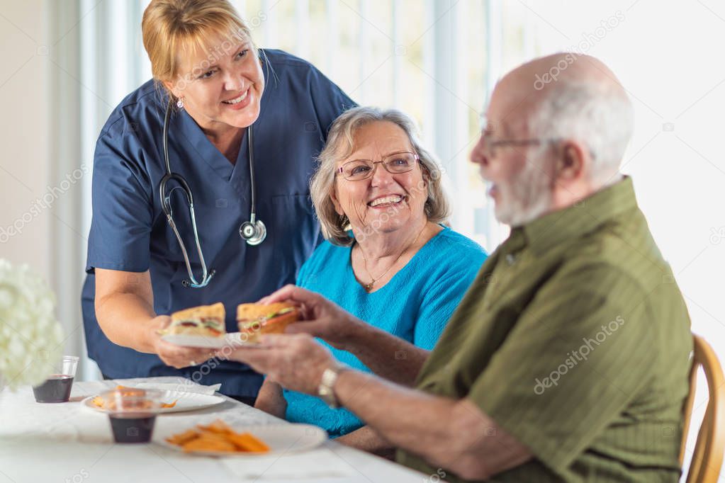 Female Doctor or Nurse Serving Senior Adult Couple Sandwiches at Table.