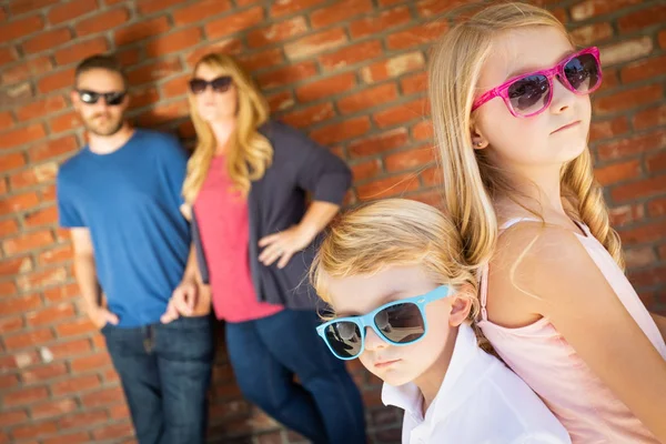 Cute Young Caucasian Brother Sister Wearing Sunglasses Parents — Stock Photo, Image