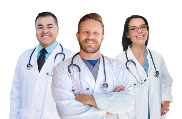 Grupo Mestiços Médicos Masculinos Femininos Enfermeiras Isoladas Fundo Branco — Fotografia de Stock