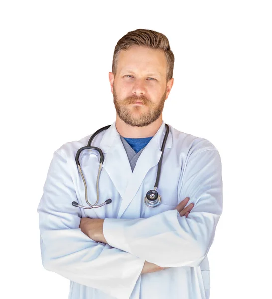 Bonito Jovem Adulto Masculino Médico Com Barba Isolada Fundo Branco — Fotografia de Stock