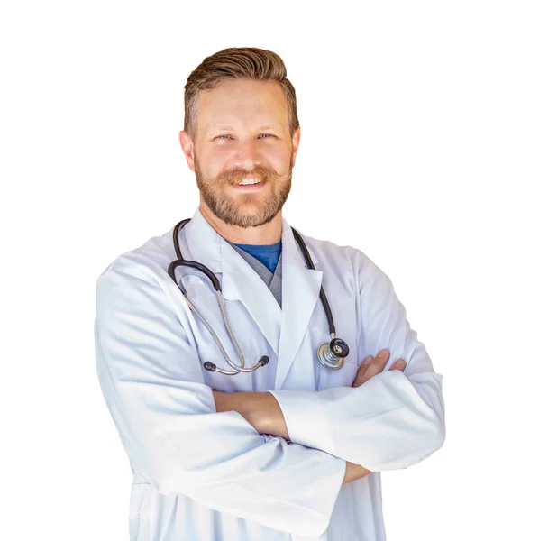 白い背景で隔離のひげとハンサムな若い成人男性医師 — ストック写真