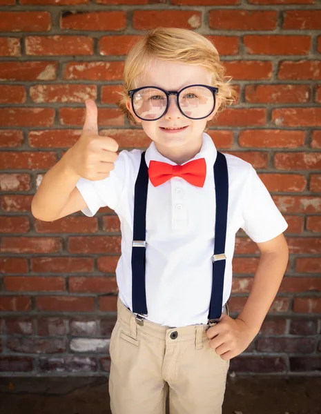 Cute Young Caucasian Boy Thumbs Wearing Glasses Red White Blue — Stock Photo, Image