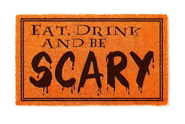 Eten Drinken Enge Halloween Oranje Welkom Mat Geïsoleerd Witte Achtergrond — Stockfoto