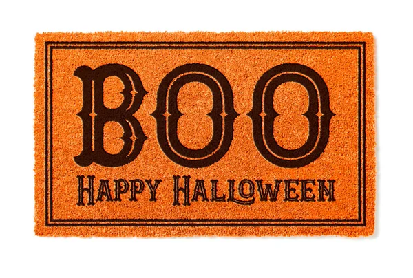 Boo Happy Halloween Oranje Welkom Mat Geïsoleerd Witte Achtergrond — Stockfoto