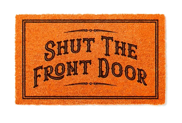 Shut Front Door Halloween Orange Welcome Mat Isolated White Background — Stock Photo, Image