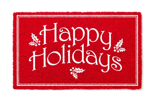 Happy Holidays Christmas Rode Welkom Mat Geïsoleerd Witte Achtergrond — Stockfoto