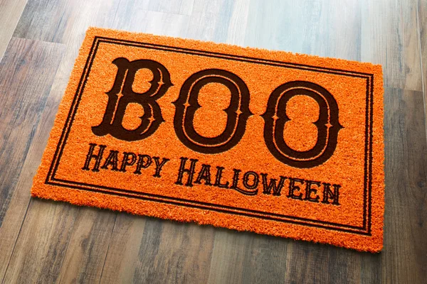 Boo Happy Halloween Oranje Welkom Mat Houten Vloer Achtergrond — Stockfoto