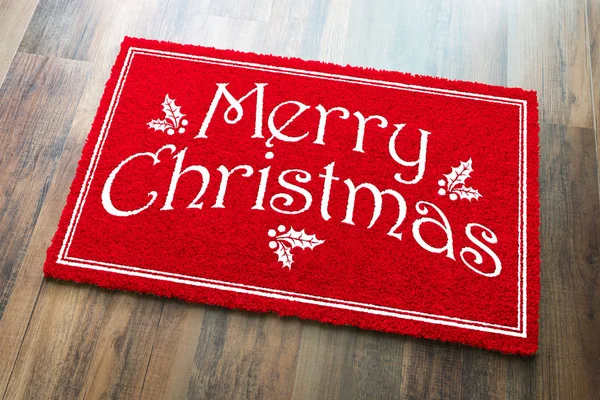 Merry Christmas Red Welcome Mat Wood Floor Background — Stock Photo, Image