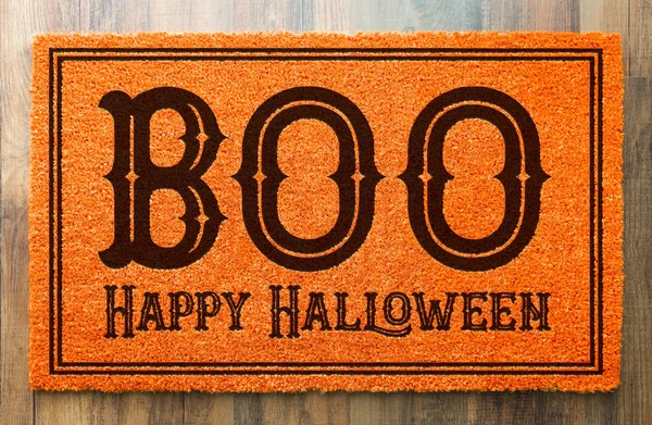 Boo Happy Halloween Oranje Welkom Mat Houten Vloer Achtergrond — Stockfoto