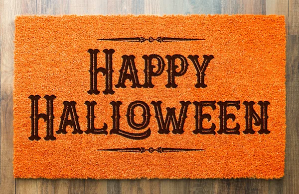 Happy Halloween Oranje Welkom Mat Houten Vloer Achtergrond — Stockfoto