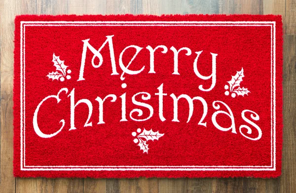 Merry Christmas Red Welcome Mat Wood Floor Background — Stock Photo, Image