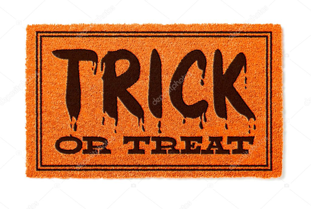 Trick Or Treat Halloween Orange Welcome Mat Isolated on White Background.