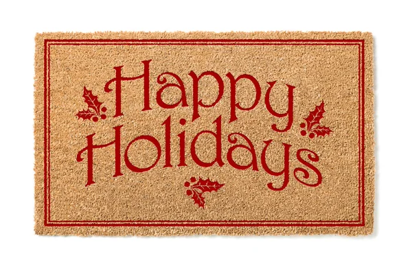 Happy Holidays Christmas Tan Welcome Mat Isolated White Background — Stock Photo, Image