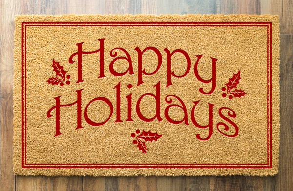 Happy Holidays Christmas Tad Welcome Mat Wood Floor Background — Stock Photo, Image