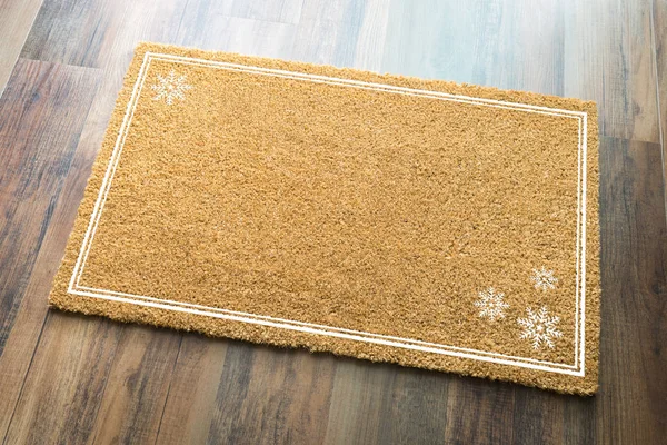 Blank Holiday Welcome Mat Snow Flakes Wood Floor Background — Stock Photo, Image