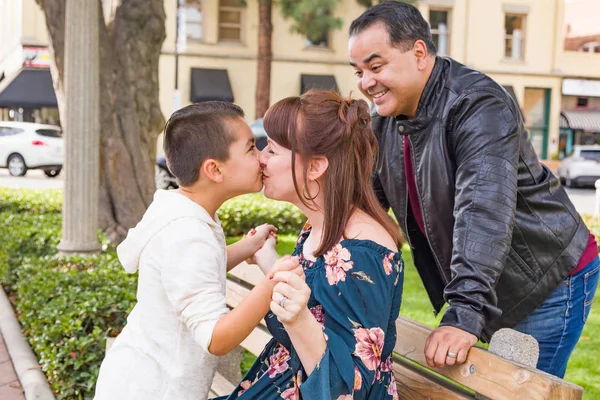 Mixed Race Hispanic Caucasian Son Mother Father Having Fun Park — Stock Photo, Image