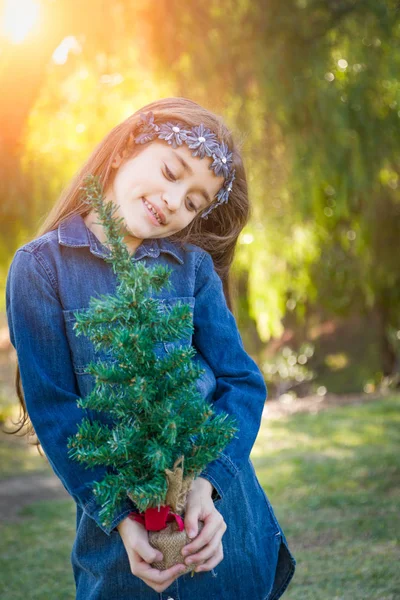 Cute Mixed Race Young Girl Holding Small Christmas Tree Outdoors — Stock Photo, Image