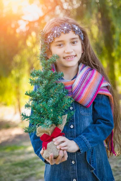 Cute Mixed Race Young Girl Holding Small Christmas Tree Outdoors — Stock Photo, Image
